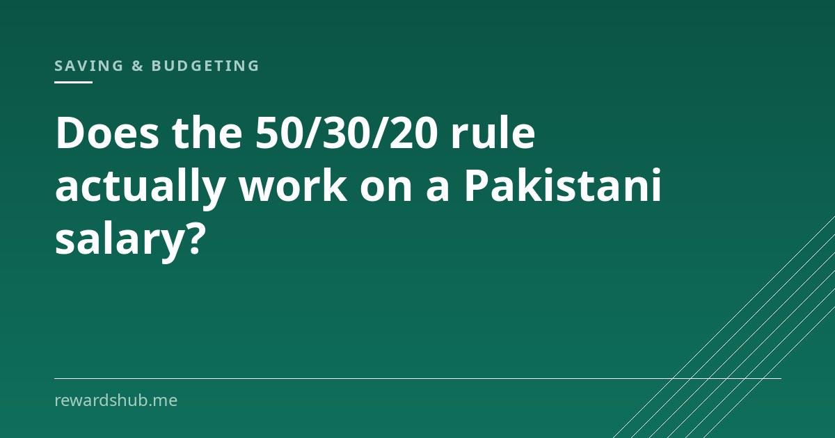 Cover graphic reading 'Does the 50/30/20 rule actually work on a Pakistani salary?' in the Rewards Hub saving and budgeting section.