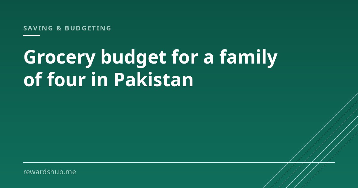 Cover graphic reading 'Grocery budget for a family of four in Pakistan' in the Rewards Hub saving and budgeting section.