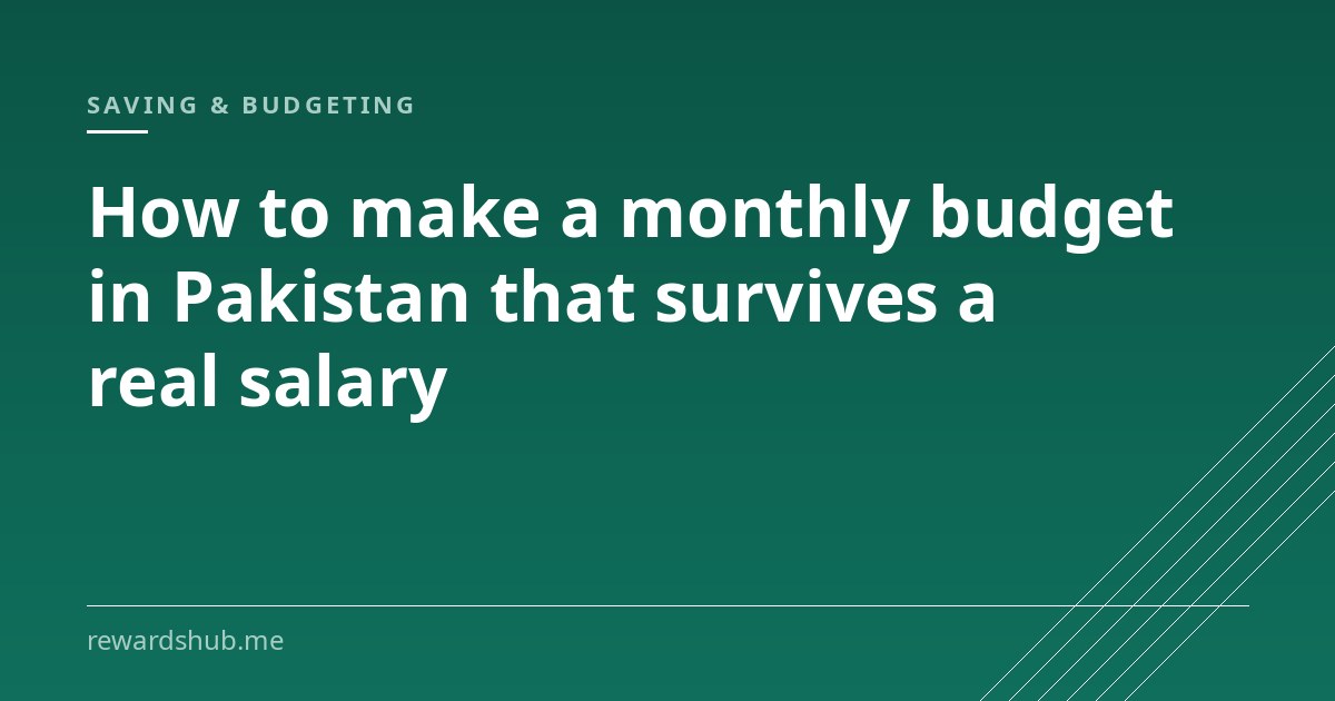Cover graphic reading 'How to make a monthly budget in Pakistan that survives a real salary' in the Rewards Hub saving and budgeting section.