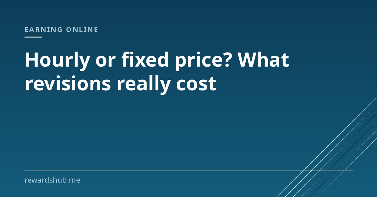 Cover graphic reading 'Hourly or fixed price? What revisions really cost' in the Rewards Hub earning online section.