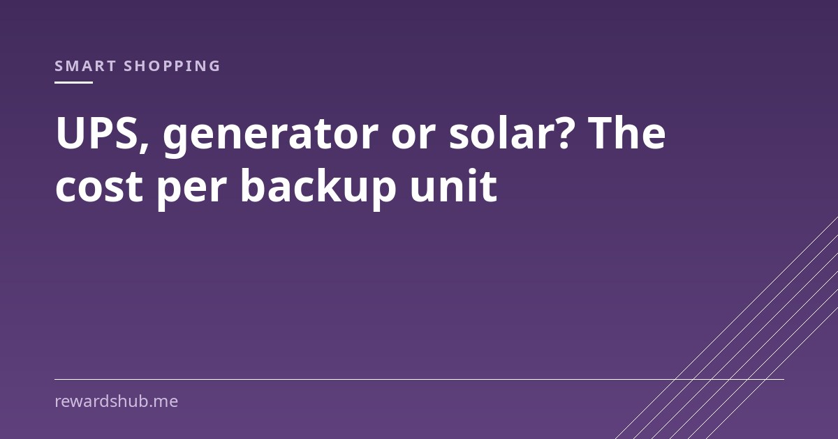 Cover graphic reading 'UPS, generator or solar? The cost per backup unit' in the Rewards Hub smart shopping section.